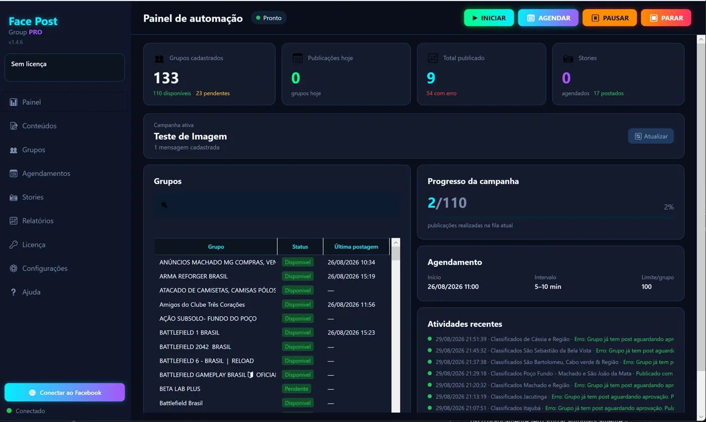 Tela de agendamento do Face Post Group Pro com dias da semana, janela de horário e limites