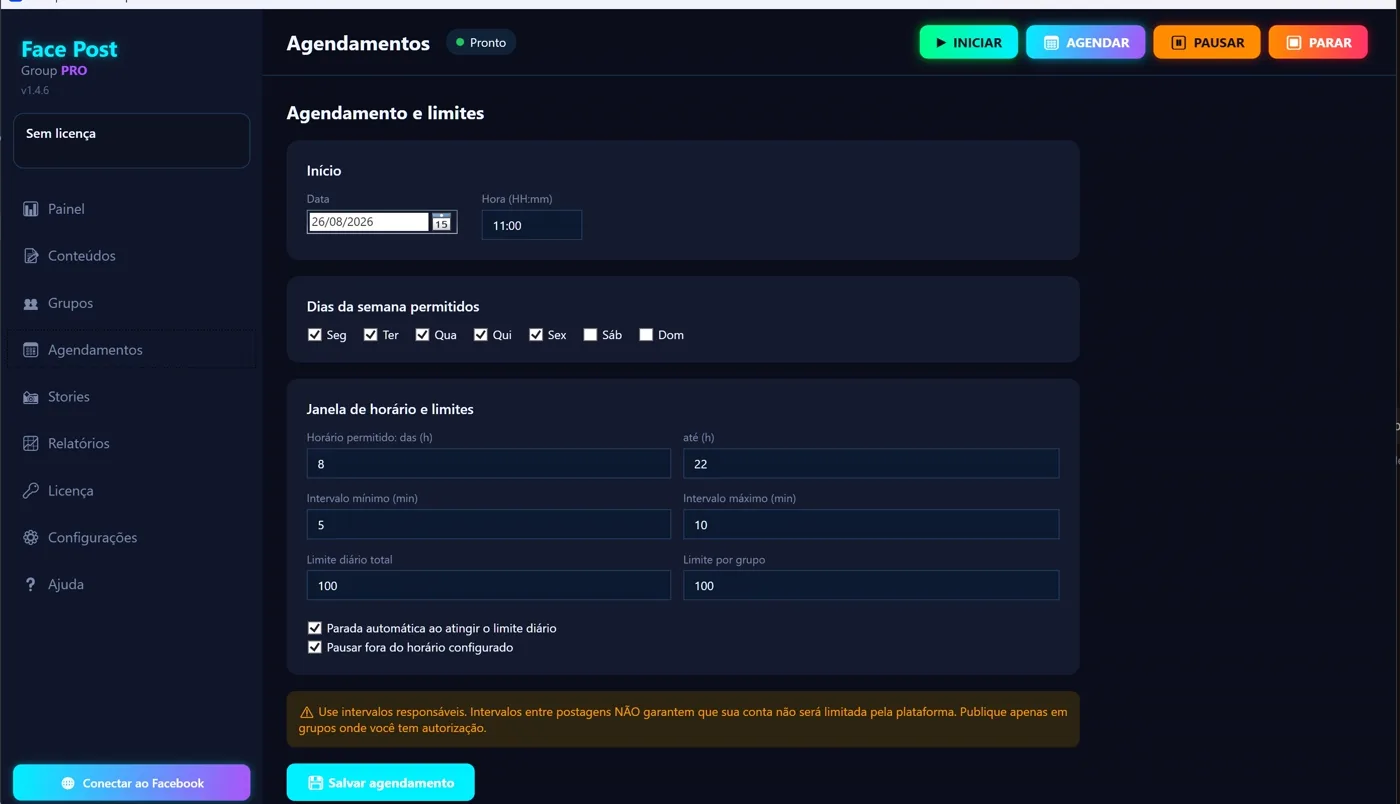 Painel do Face Post Group Pro: estatísticas de grupos, publicações e progresso da campanha